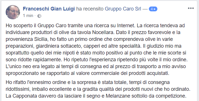 Recensione cliente prodotti agroalimentari di Gruppo Caro