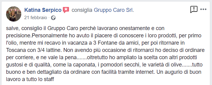 Recensione cliente prodotti agroalimentari di Gruppo Caro