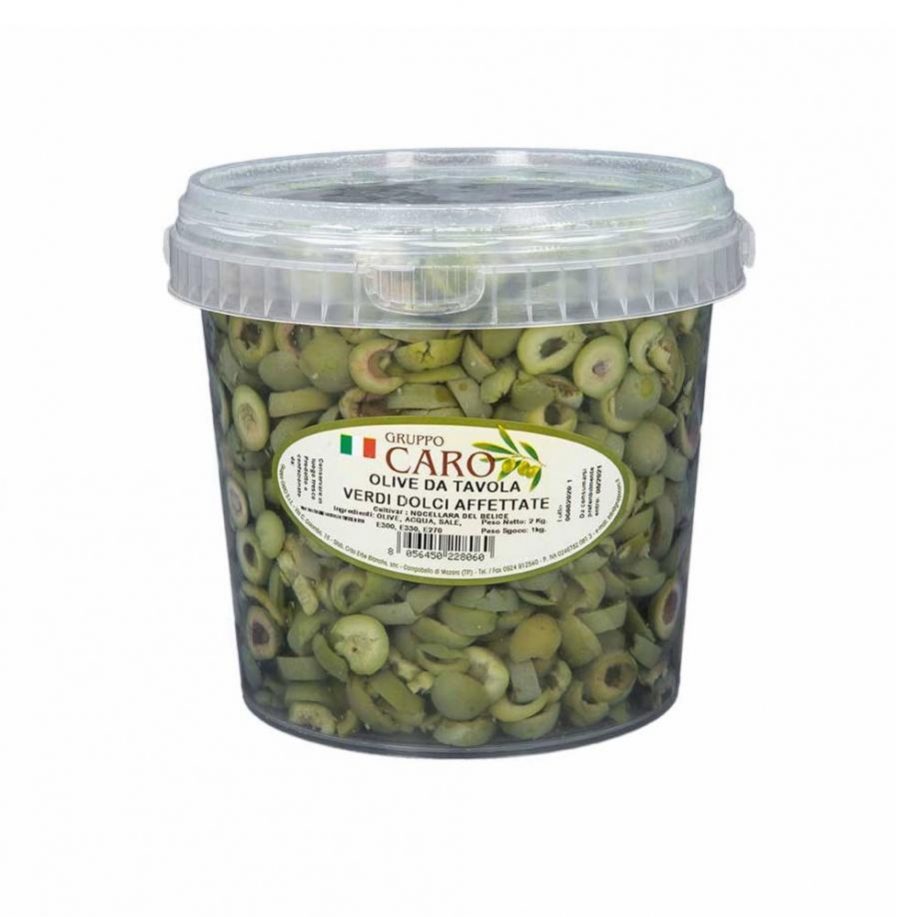 Olive Verdi affettate dolcificate Nocellara in salamoia
