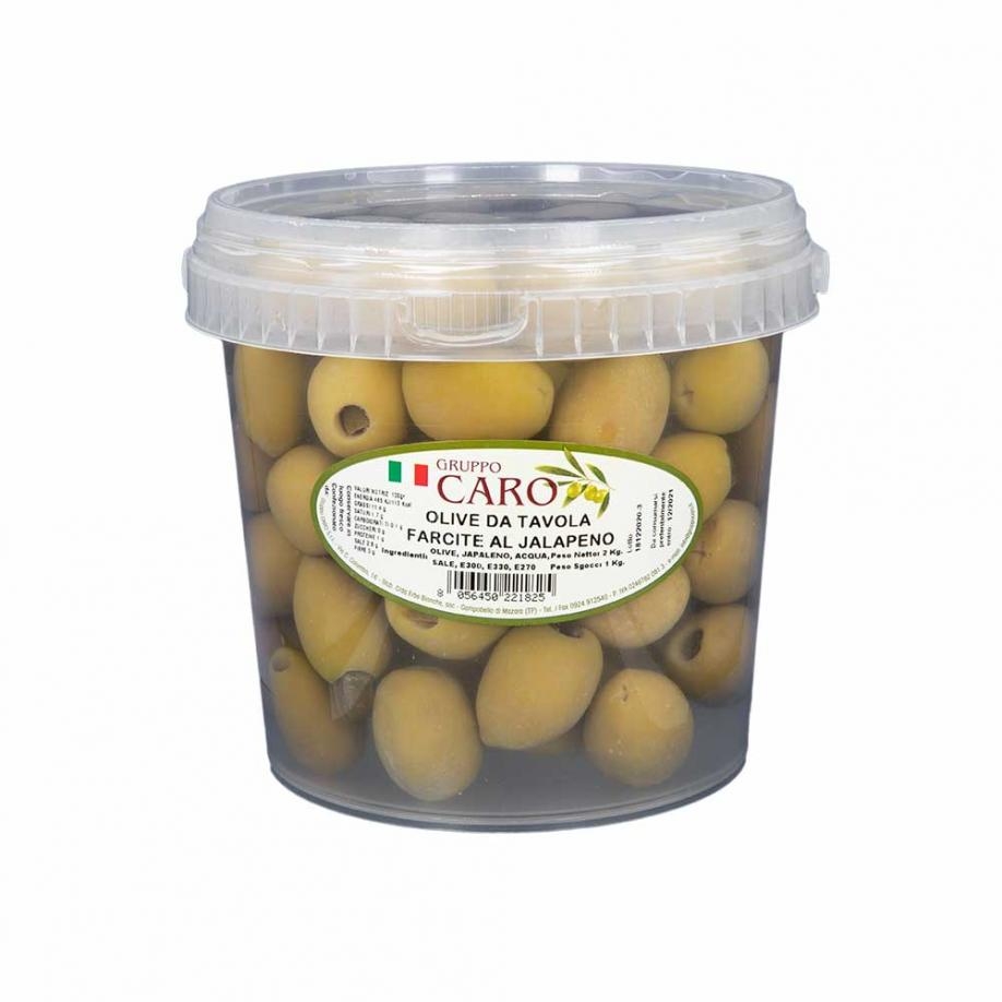 Olive verdi farcite al Jalapeño in salamoia